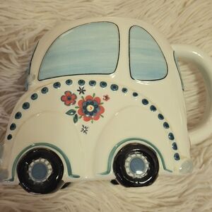NATURAL LIFE Floral Ceramic Car Mug - Cream and Blue
